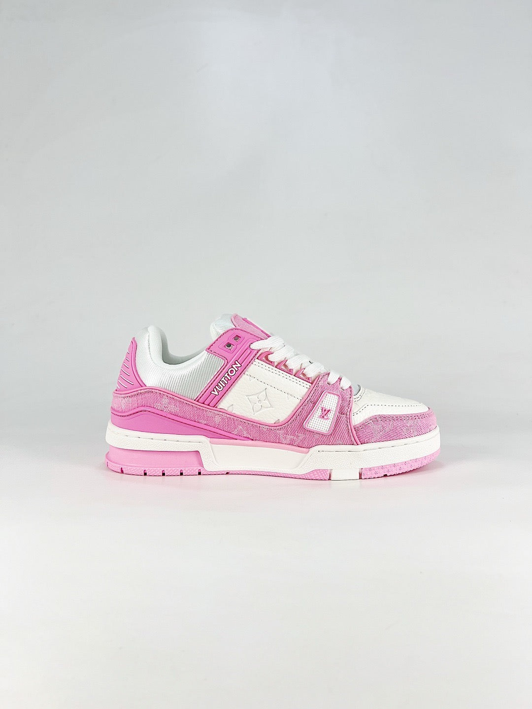 LV Skate Sneaker  Crystal Embellished Casual Shoes Unisex Pink and white denim monogram patchwork