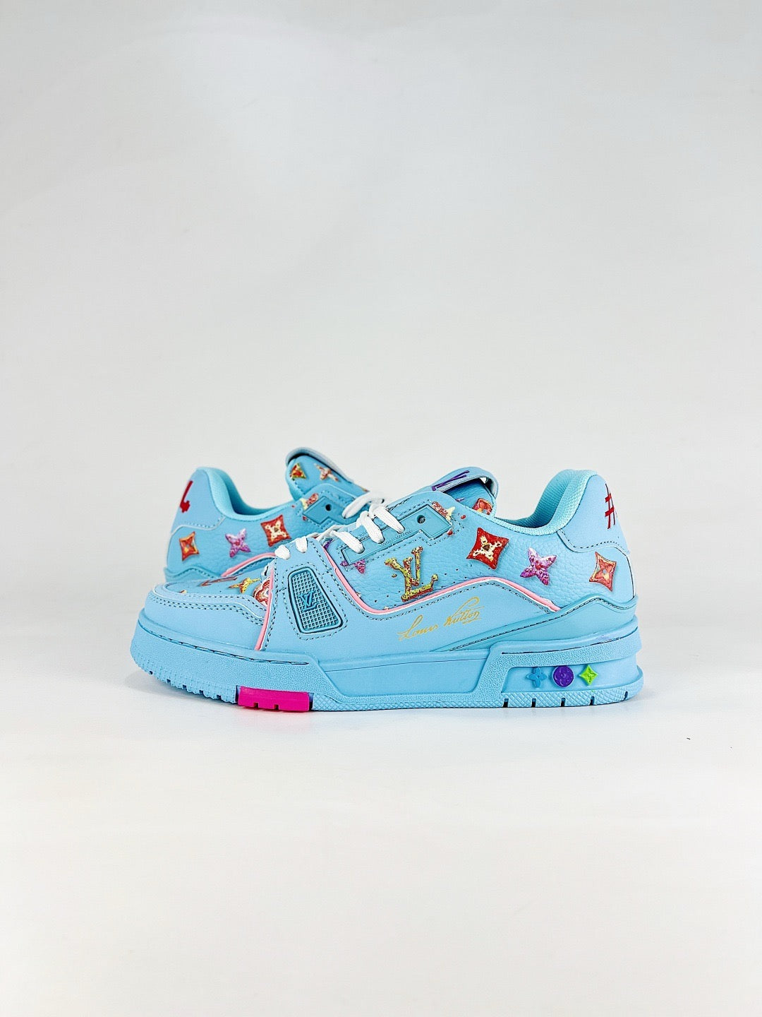 LV Trainer Light Blue Embroidered Patchwork Sneakers Luxury Low Top Trainers Unisex