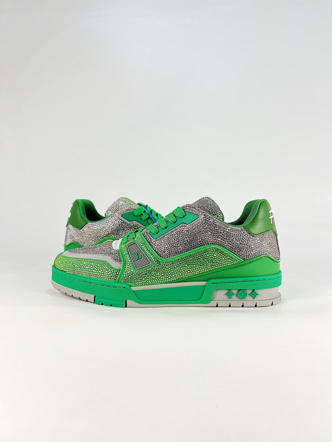 LV Trainer Sneakers Men Women Green Silver Rhinestone Casual Skate Shoes