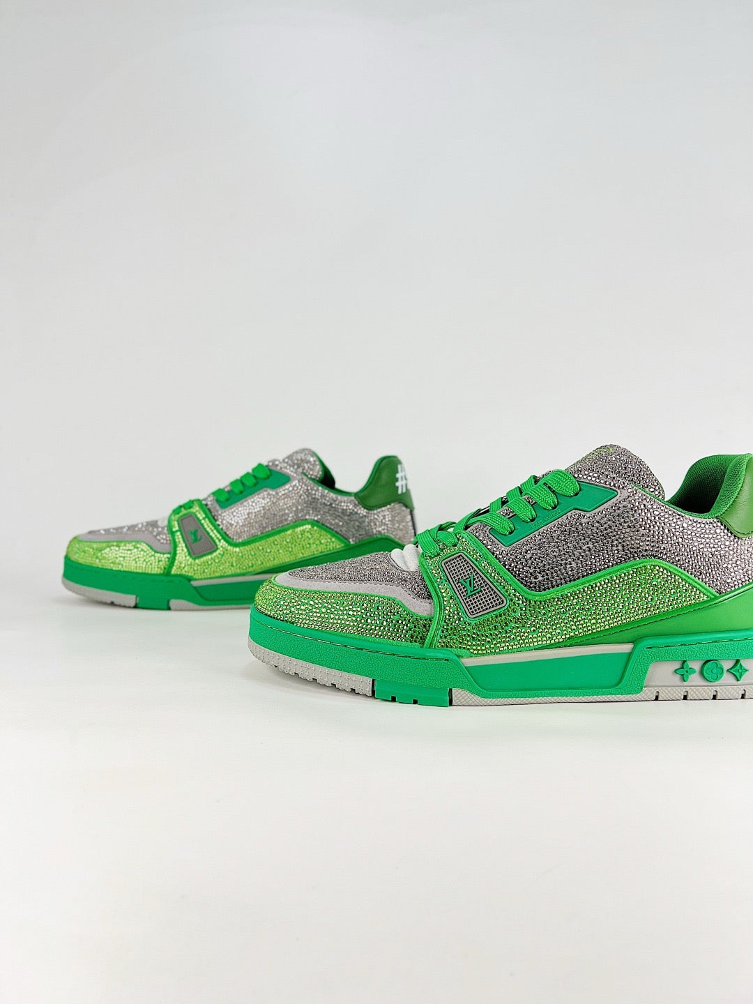 LV Trainer Sneakers Men Women Green Silver Rhinestone Casual Skate Shoes