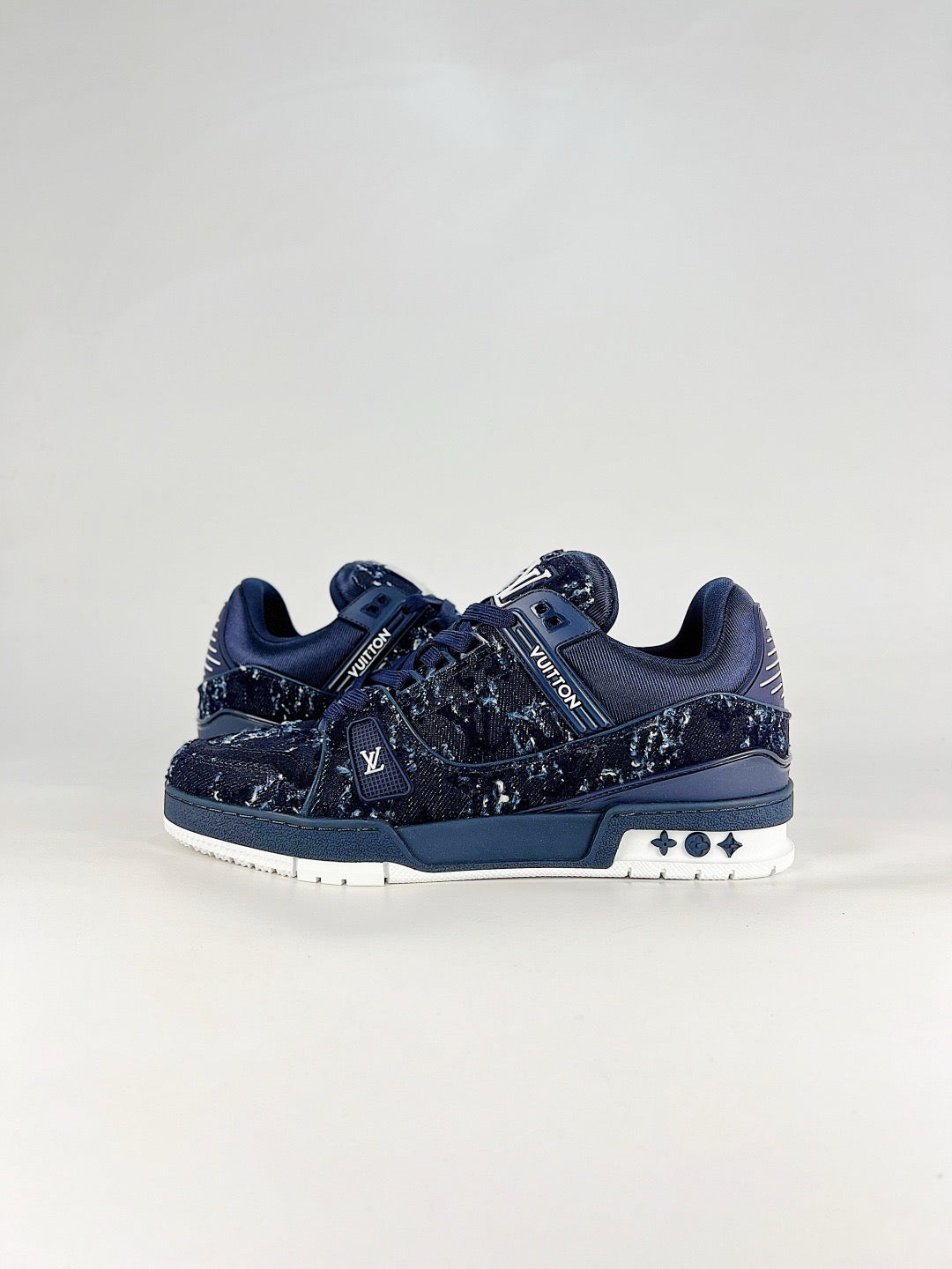 LV Trainer Sneakers Men Women Dark Blue Floral Denim Casual Skate Shoes