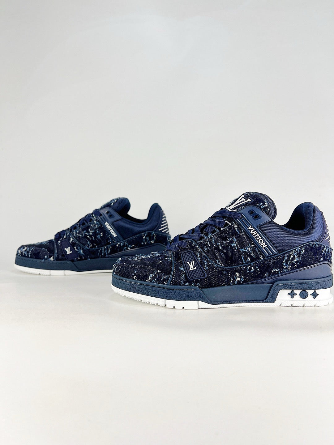 LV Trainer Sneakers Men Women Dark Blue Floral Denim Casual Skate Shoes