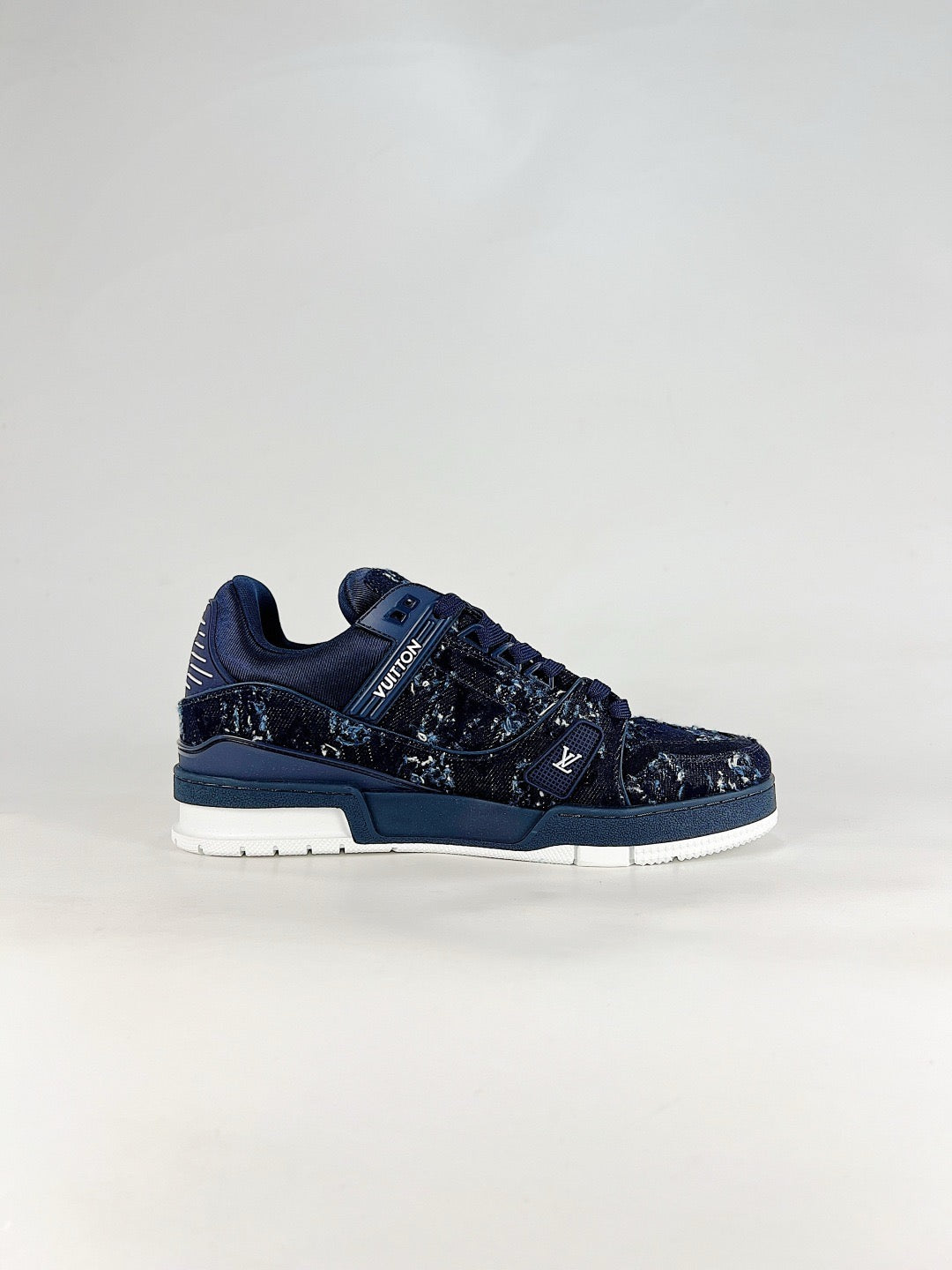LV Trainer Sneakers Men Women Dark Blue Floral Denim Casual Skate Shoes