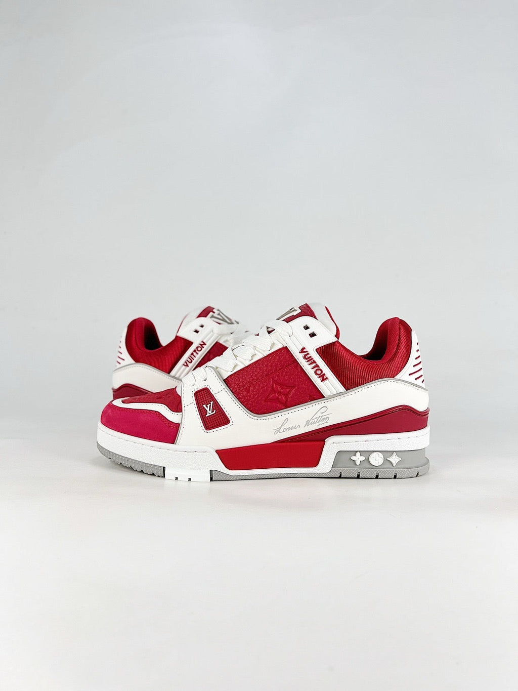 LV Trainer Sneakers Men Women Red White Embossed Casual Skate Shoes