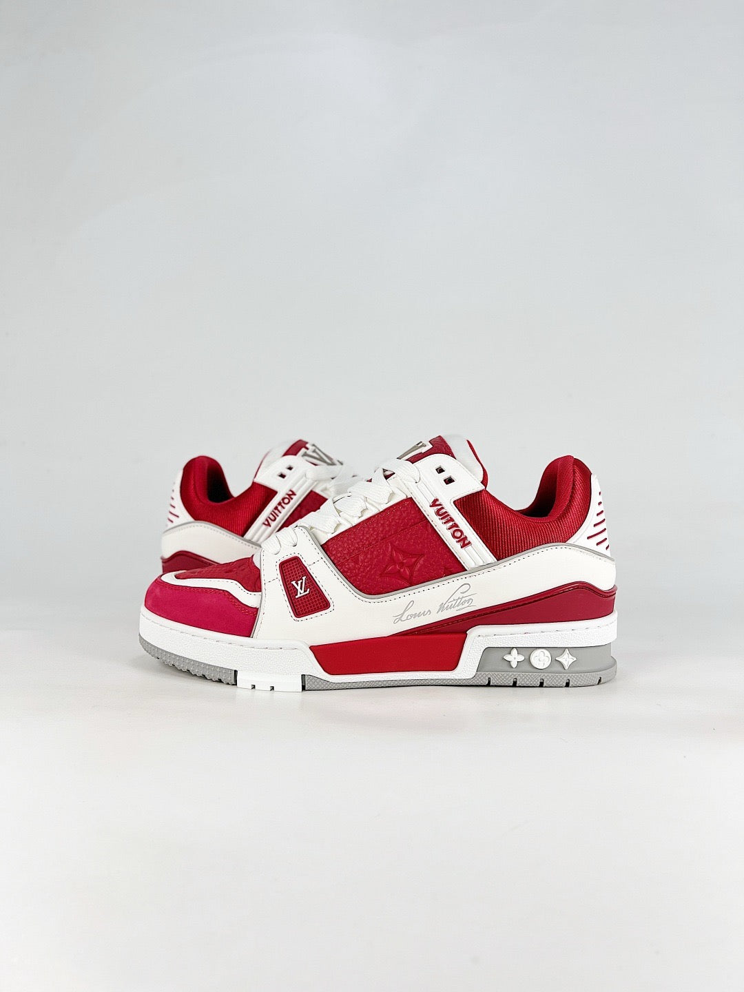 LV Trainer Sneakers Men Women Red White Embossed Casual Skate Shoes