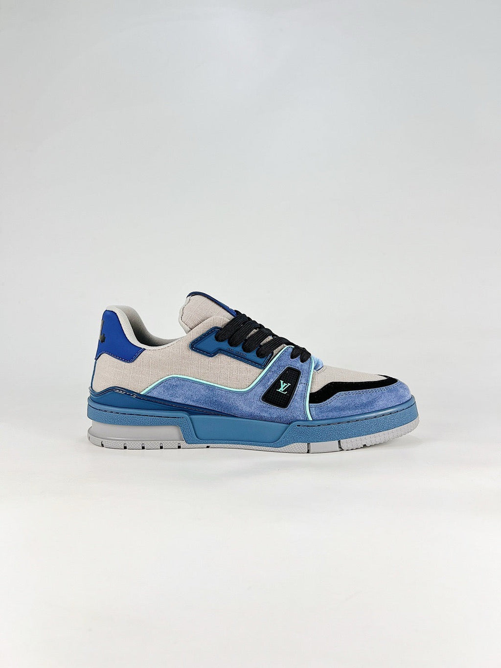LV Trainer Sneakers Men Women Blue Grey Suede Fabric Casual Skate Shoes