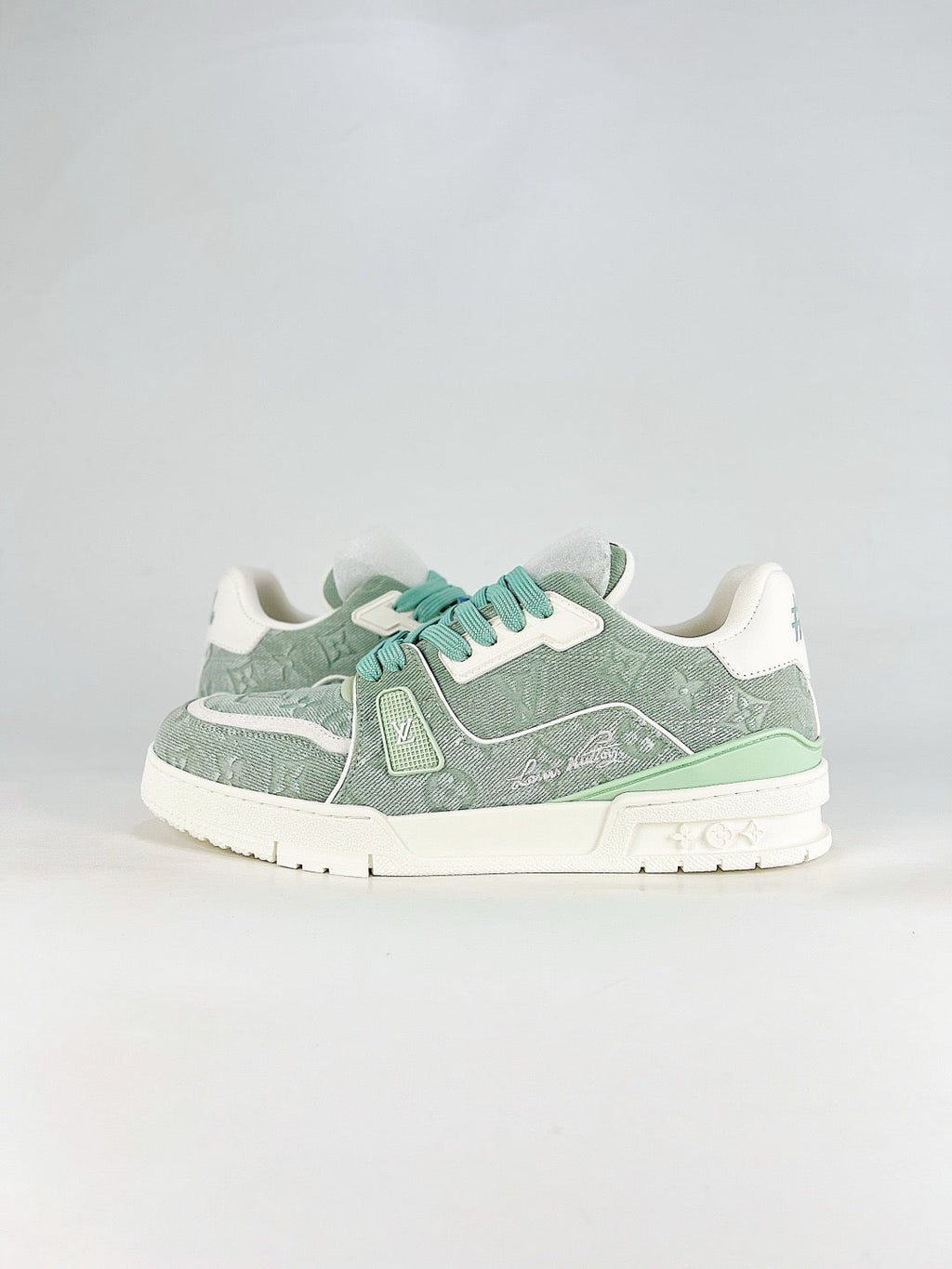 LV Trainer Sneakers Men Women Light Green Monogram Denim Casual Skate Shoes