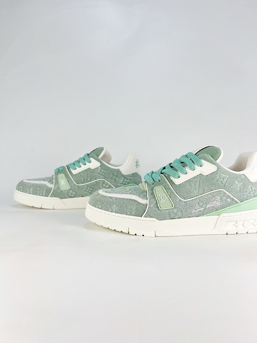 LV Trainer Sneakers Men Women Light Green Monogram Denim Casual Skate Shoes