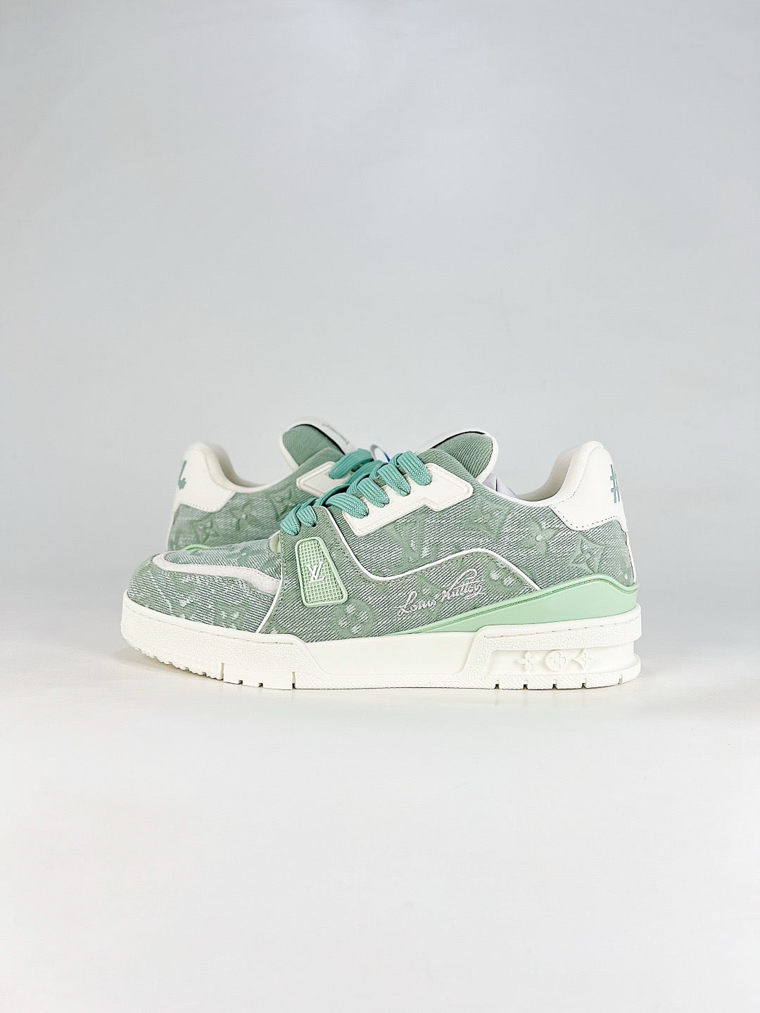 LV Trainer Sneakers Men Women Mint Green Monogram Denim Casual Skate Shoes