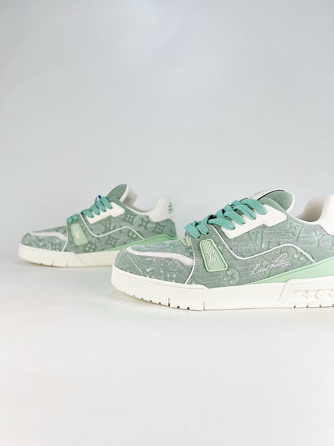 LV Trainer Sneakers Men Women Mint Green Monogram Denim Casual Skate Shoes