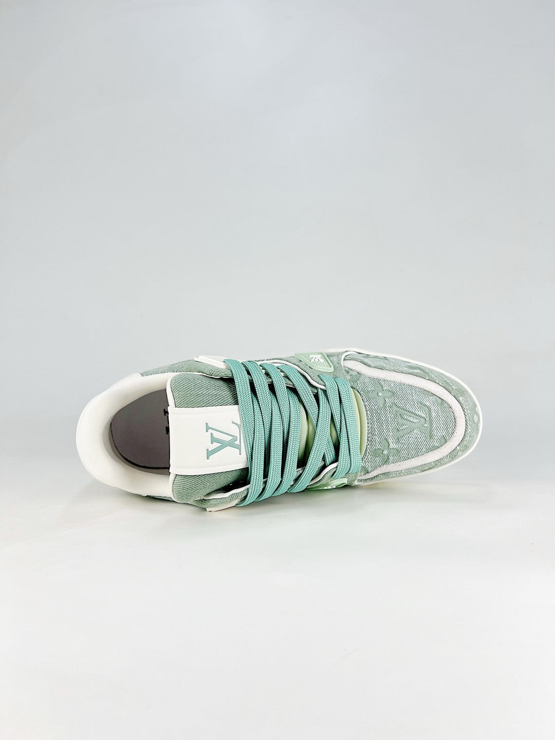 LV Trainer Sneakers Men Women Mint Green Monogram Denim Casual Skate Shoes