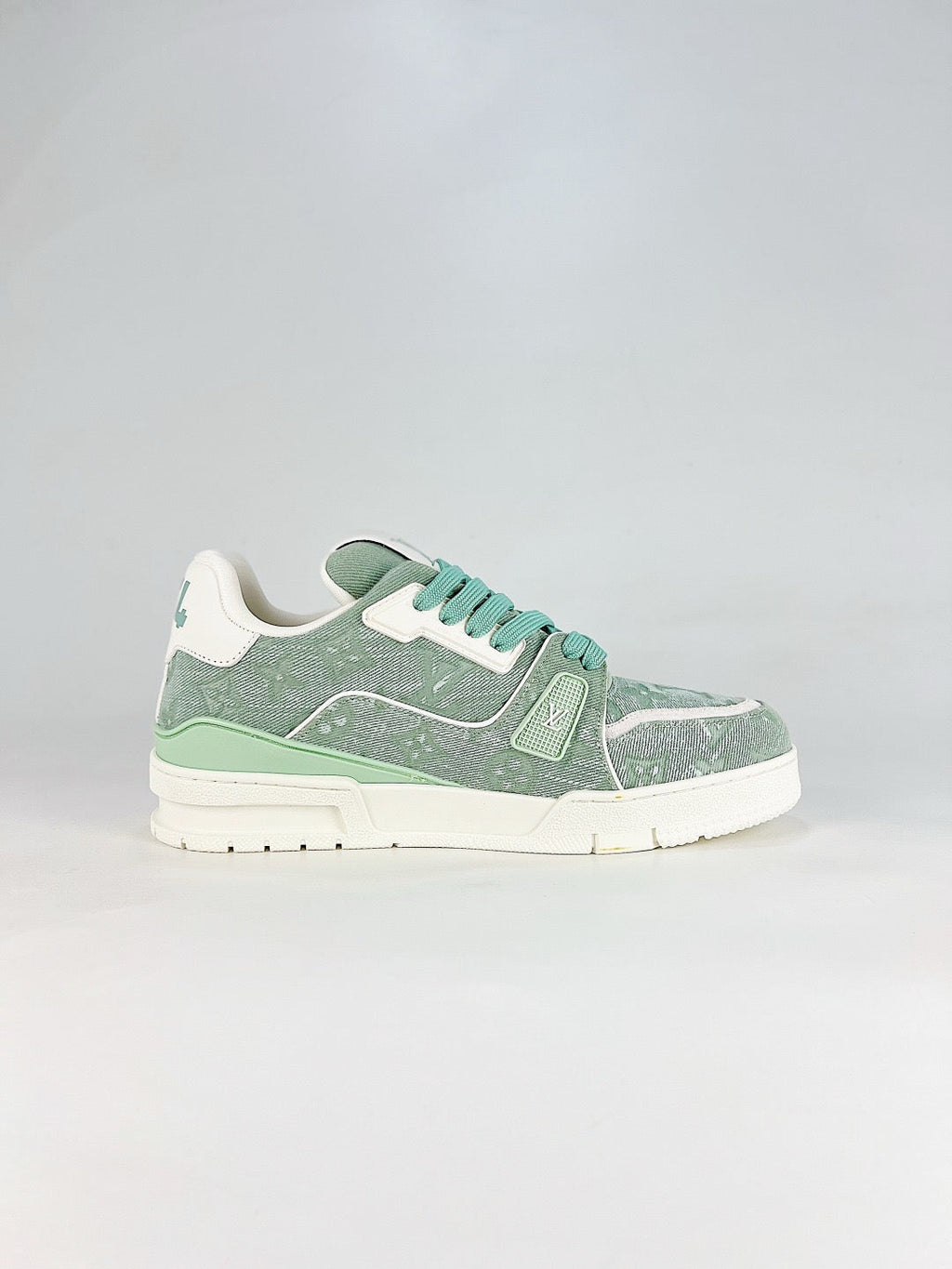 LV Trainer Sneakers Men Women Mint Green Monogram Denim Casual Skate Shoes