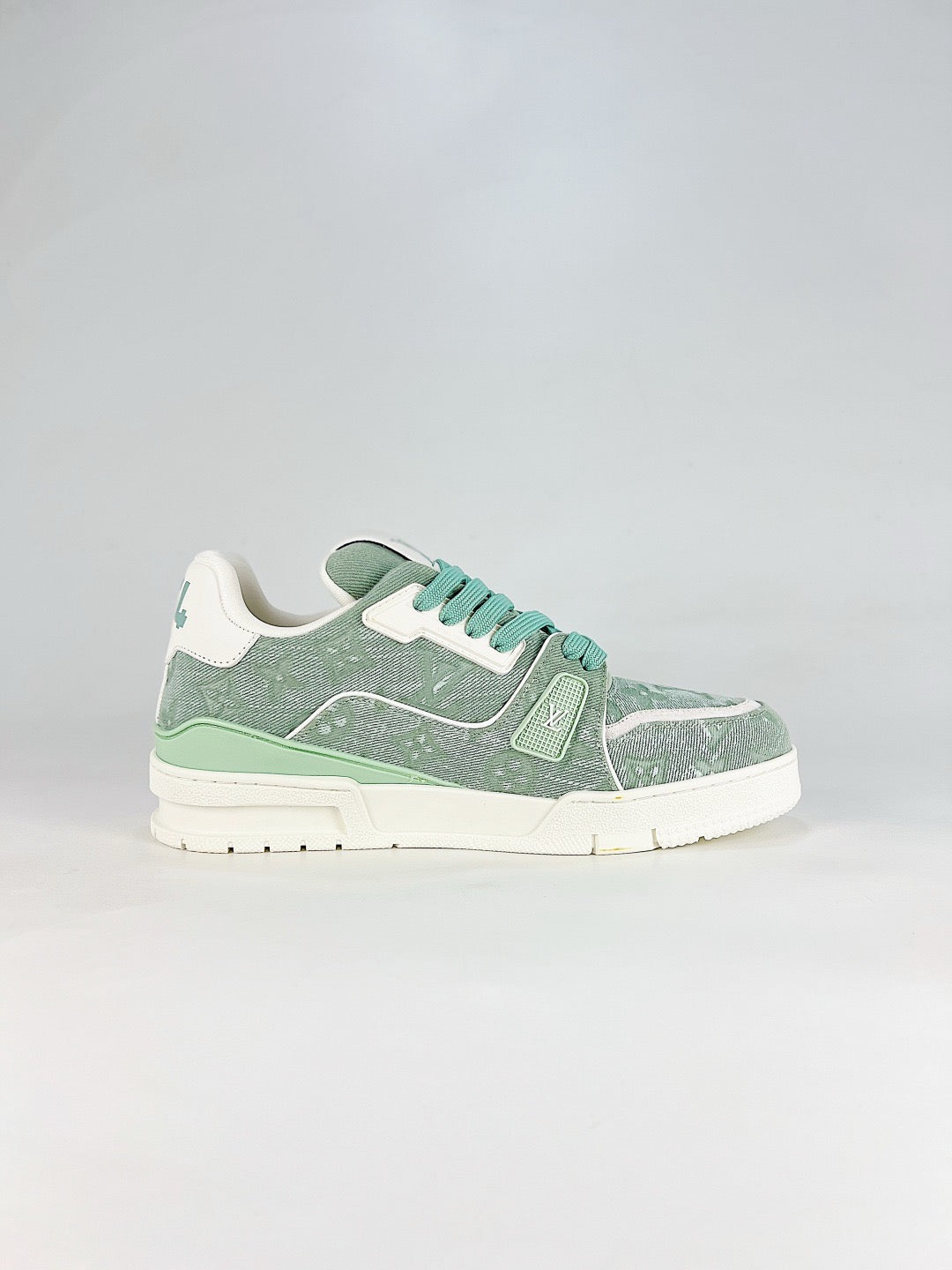 LV Trainer Sneakers Men Women Mint Green Monogram Denim Casual Skate Shoes