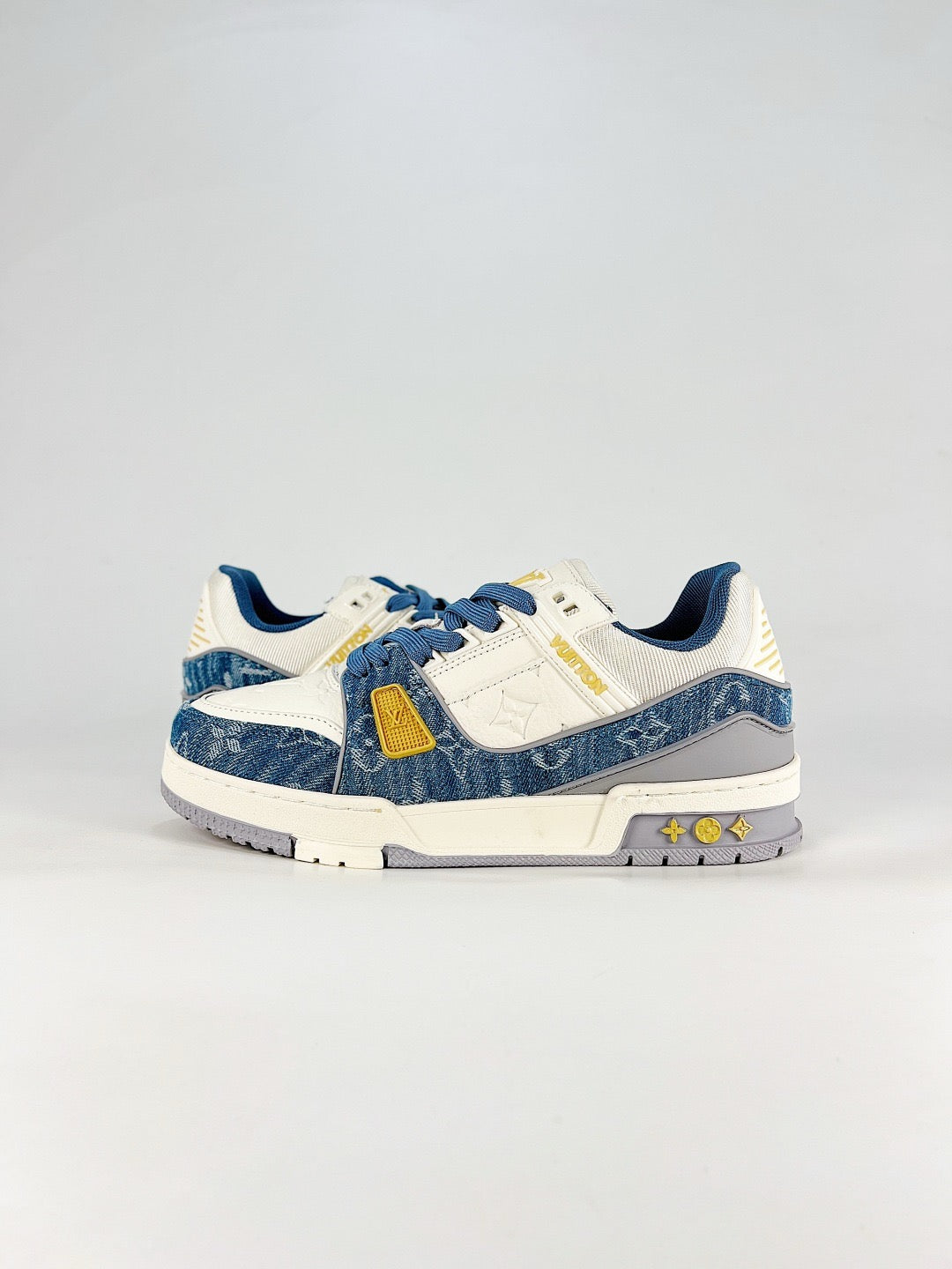LV Trainer Sneakers Men Women White And Blue Denim Monogram Casual Skate Shoes