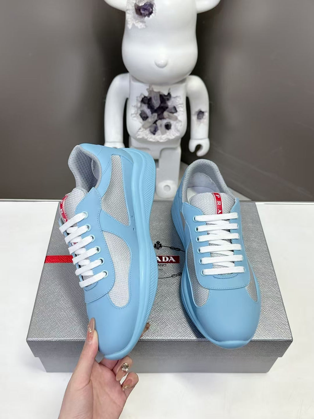 Prada  America's Cup Low Top Sneakers  Leather Mesh Casual Walking Shoes Unisex Sky Blue & Silver