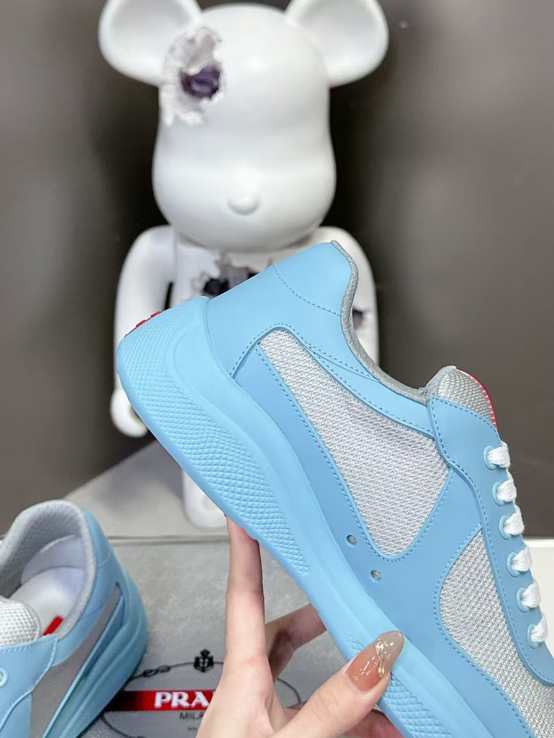Prada  America's Cup Low Top Sneakers  Leather Mesh Casual Walking Shoes Unisex Sky Blue & Silver