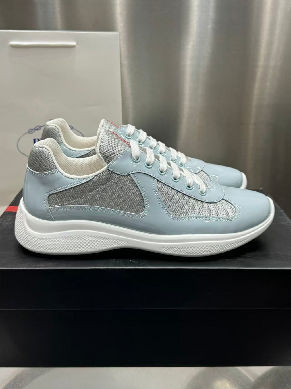 Prada America's Cup Low Top Sneakers  Leather Mesh Casual Walking Shoes Unisex Light Blue & Silver