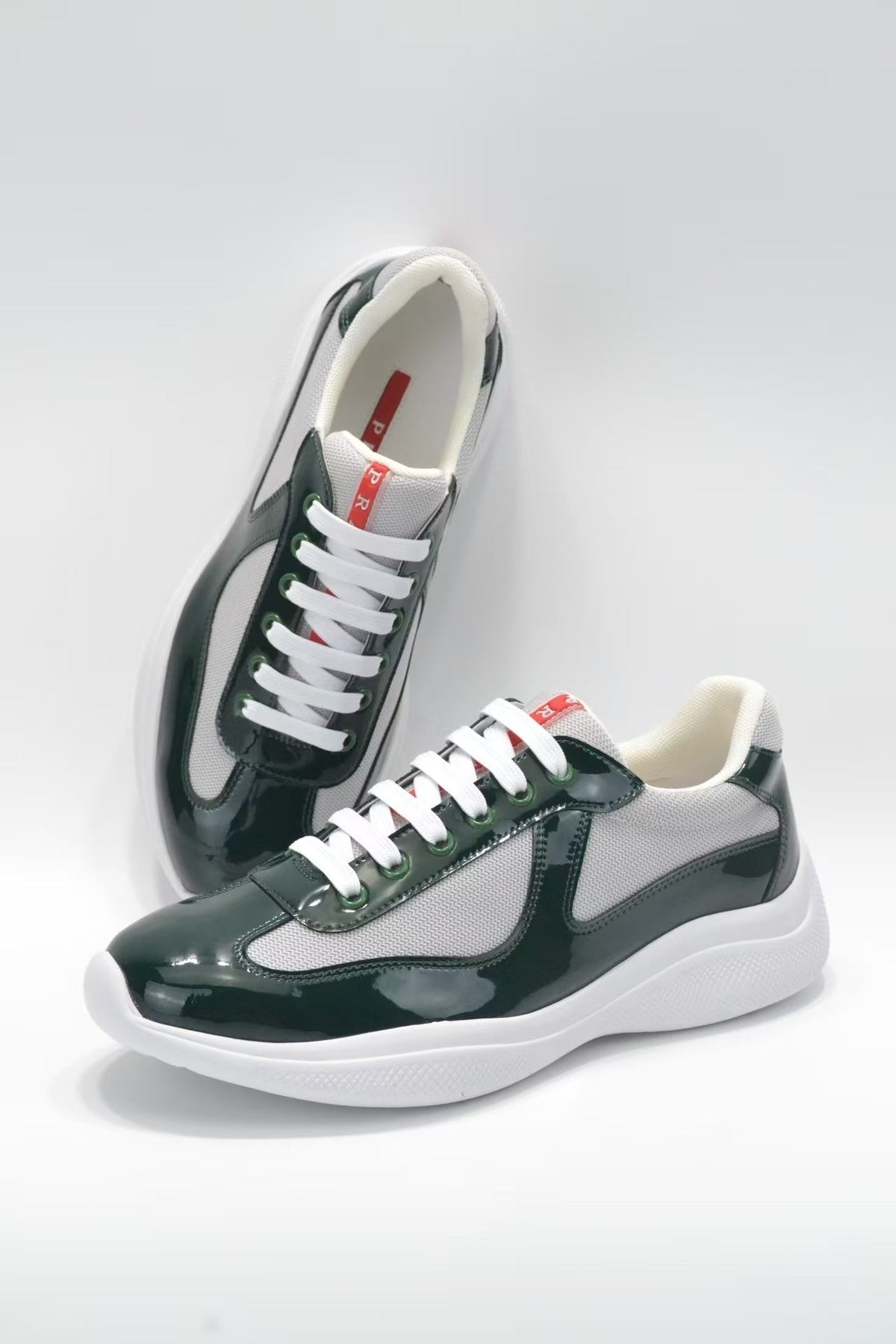 Prada America's Cup Low Top Sneakers  Leather Mesh Casual Walking Shoes Unisex White/green
