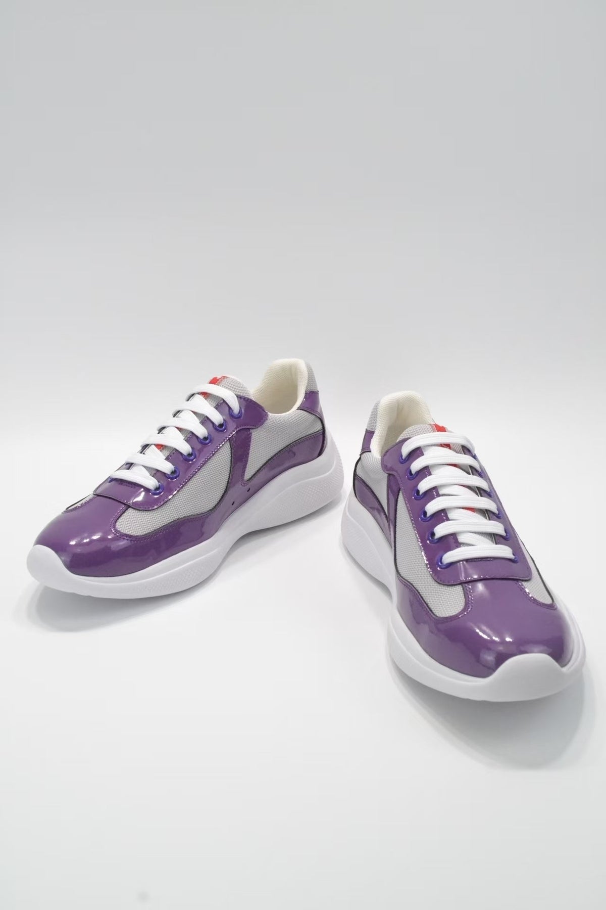 Prada America's Cup Low Top Sneakers  Leather Mesh Casual Walking Shoes Unisex Purple & Silver