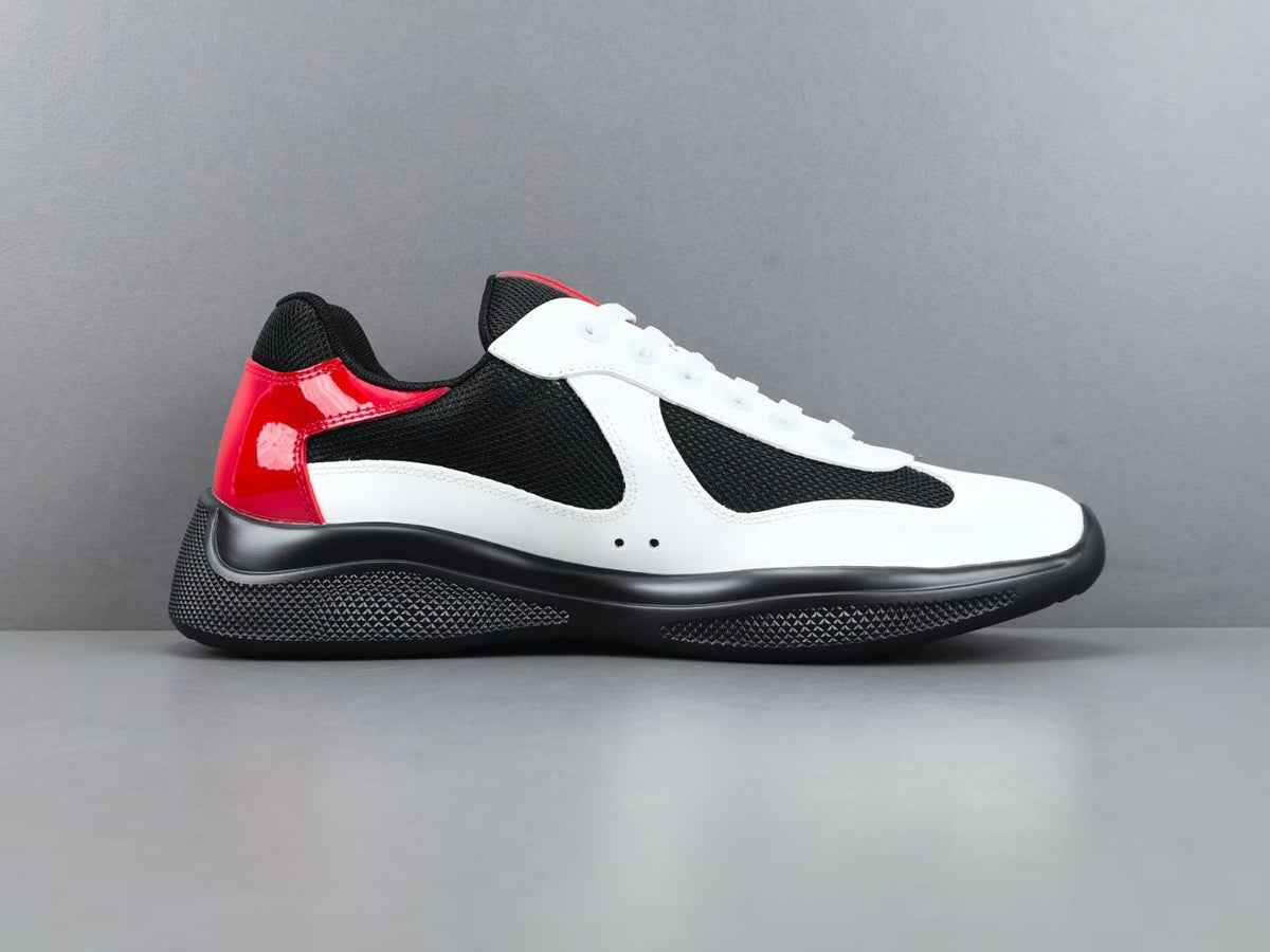 Prada America's Cup Low Top Sneakers  Leather Mesh Casual Walking Shoes Unisex black/white/red