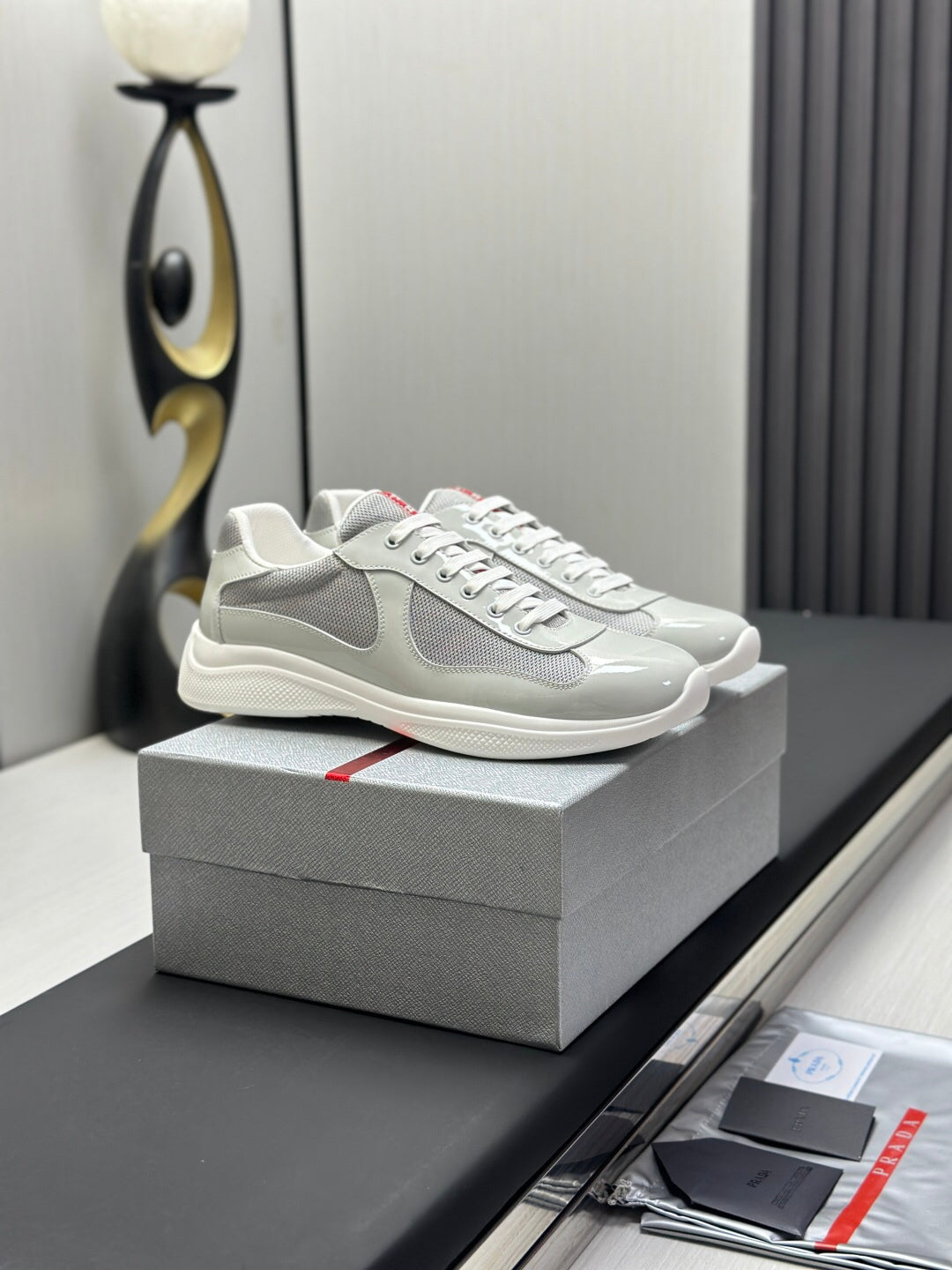 Prada America's Cup Low Top Sneakers  Leather Mesh Casual Walking Shoes Unisex Light Gray & Silver