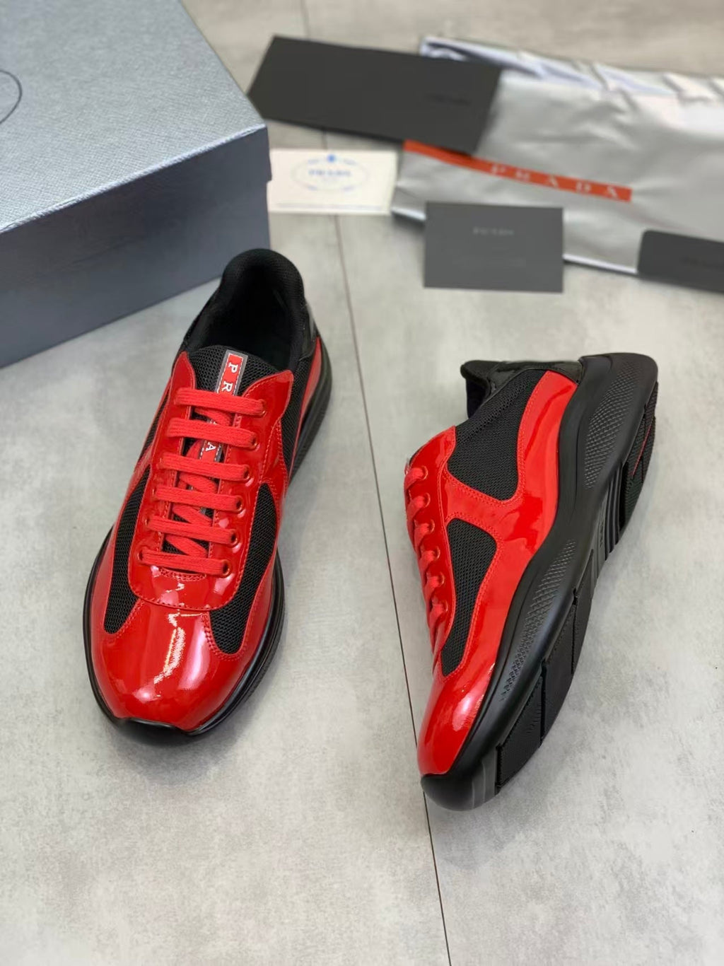 Prada America's Cup Low Top Sneakers  Leather Mesh Casual Walking Shoes Unisex black/red