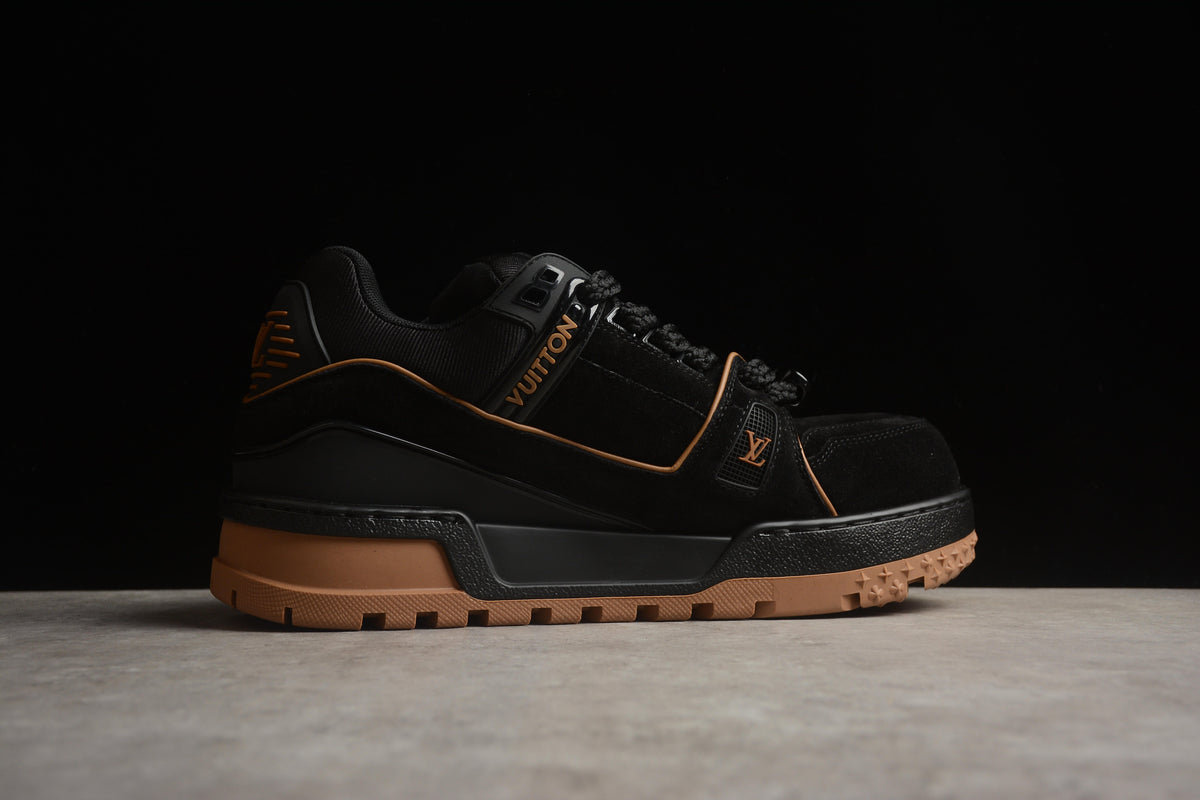 Louis Vuitton LV Trainer Leather Sneaker Unisex Black Suede Tan Outline