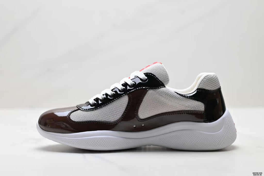 Prada America's Cup Low Top Sneakers  Leather Mesh Casual Walking Shoes Unisex Chocolate Brown & Black Silver