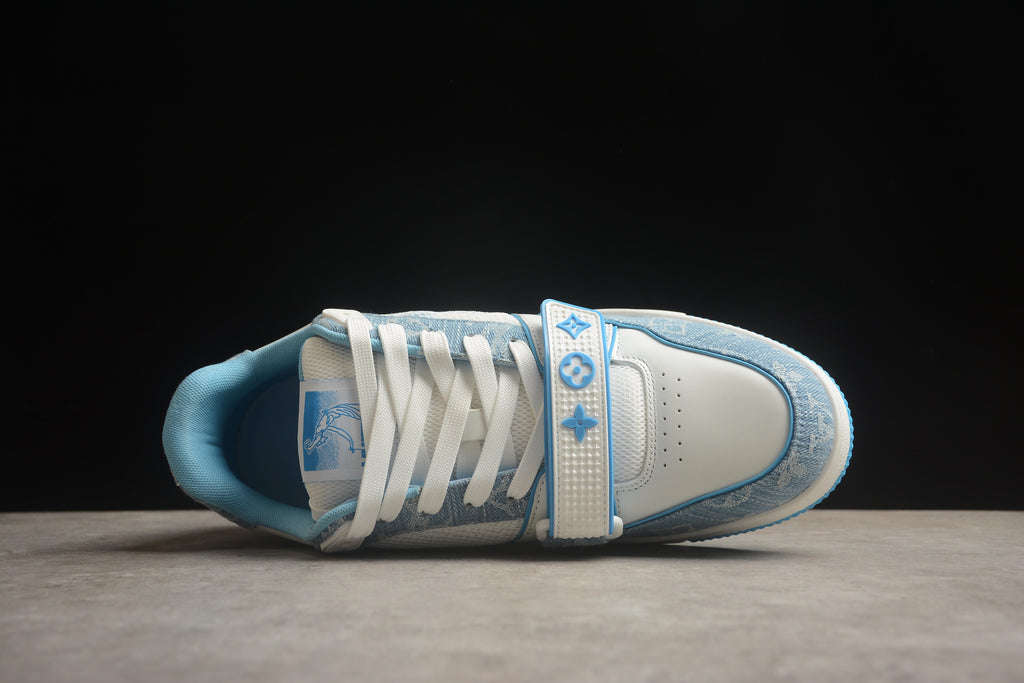 Louis Vuitton LV Trainer Leather Sneaker Unisex White Light Blue Denim