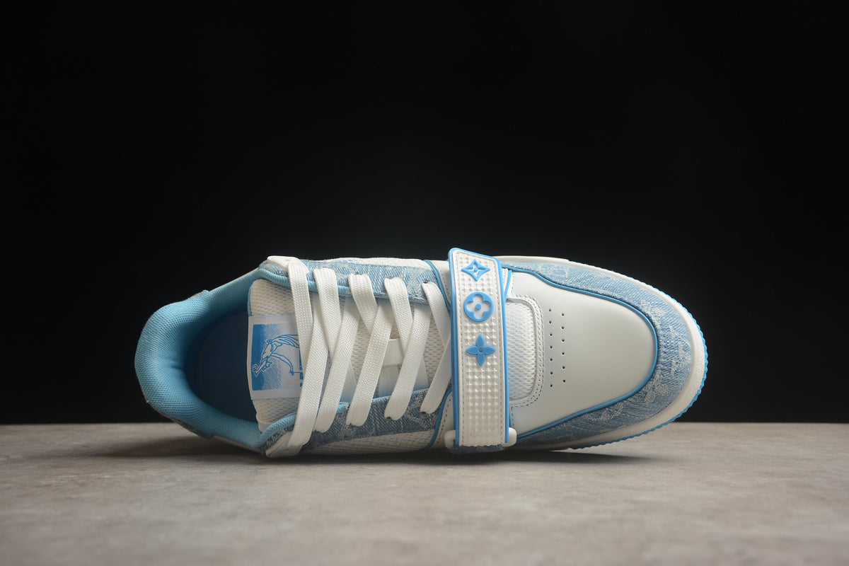 Louis Vuitton LV Trainer Leather Sneaker Unisex White Light Blue Denim