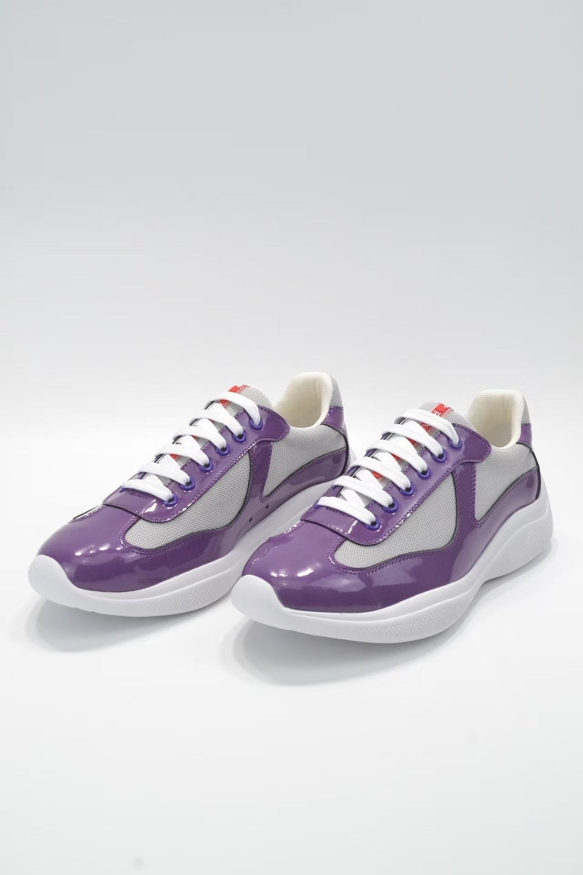 Prada America's Cup Low Top Sneakers  Leather Mesh Casual Walking Shoes Unisex Purple & Silver