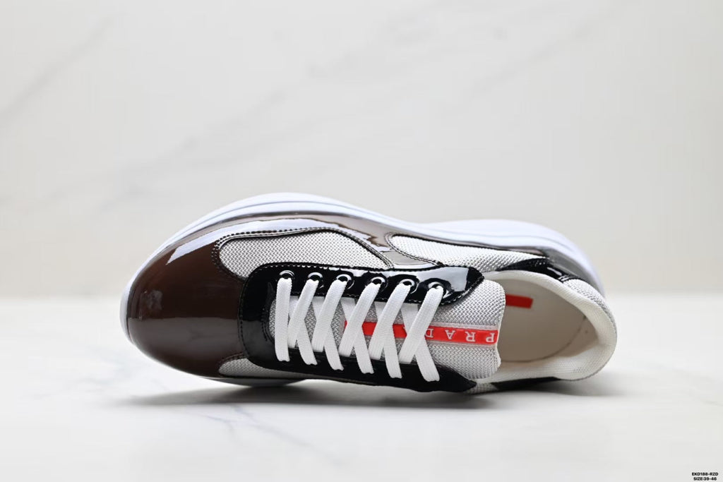 Prada America's Cup Low Top Sneakers  Leather Mesh Casual Walking Shoes Unisex Chocolate Brown & Black Silver