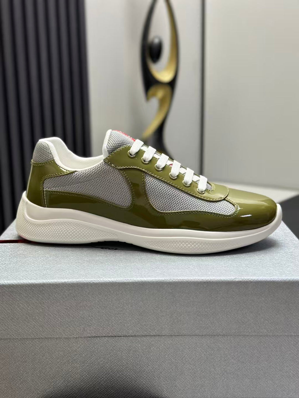 Prada America's Cup Low Top Sneakers  Leather Mesh Casual Walking Shoes Unisex green & Silver