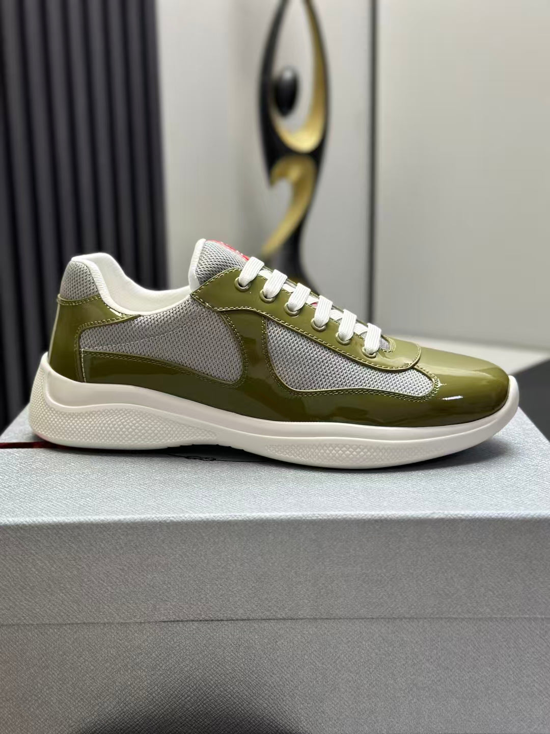 Prada America's Cup Low Top Sneakers  Leather Mesh Casual Walking Shoes Unisex green & Silver