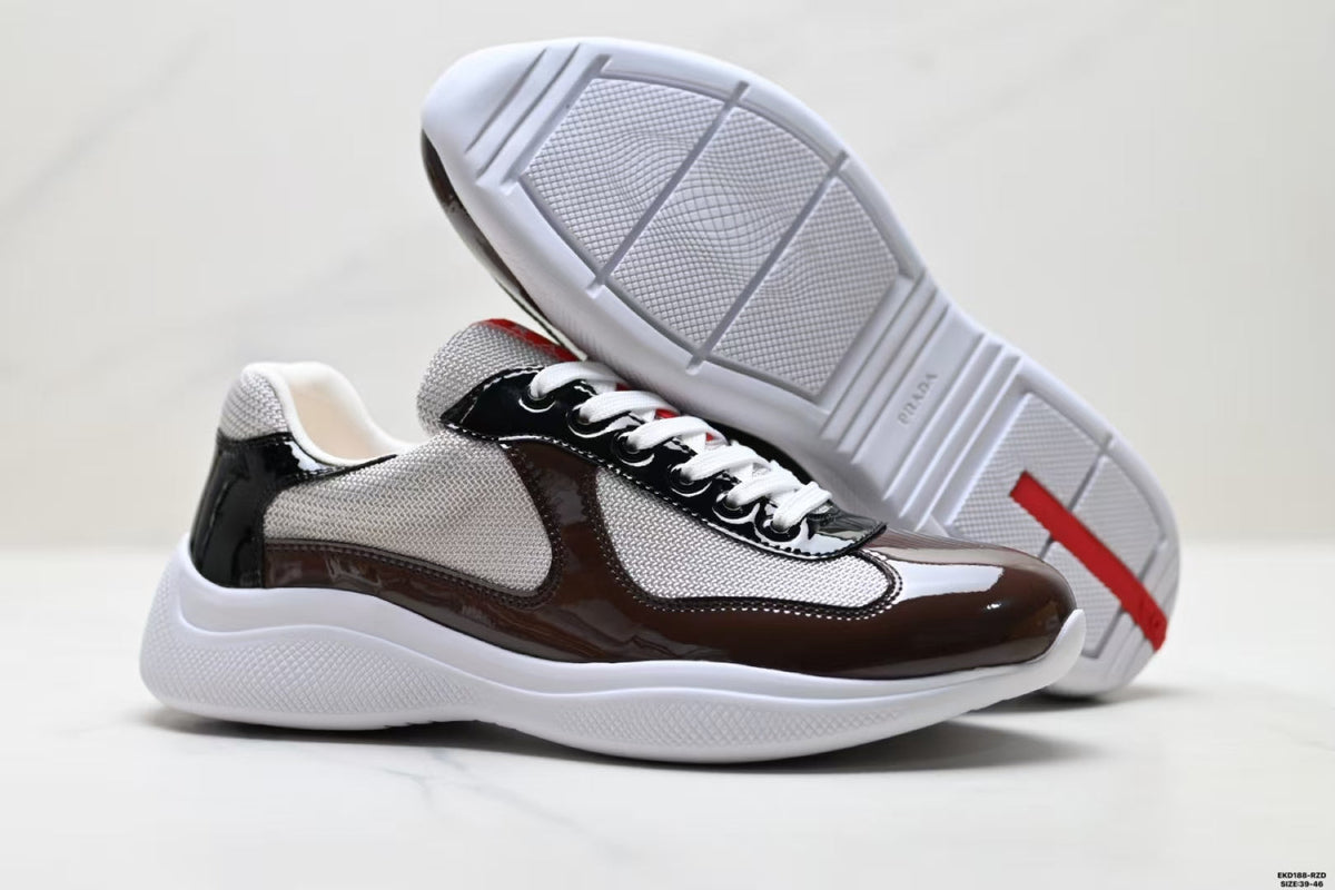 Prada America's Cup Low Top Sneakers  Leather Mesh Casual Walking Shoes Unisex Chocolate Brown & Black Silver