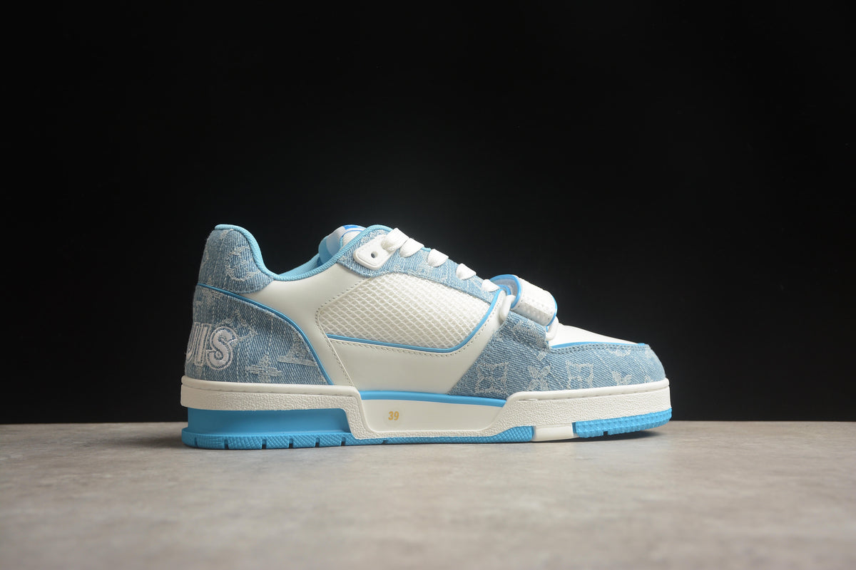 Louis Vuitton LV Trainer Leather Sneaker Unisex White Light Blue Denim