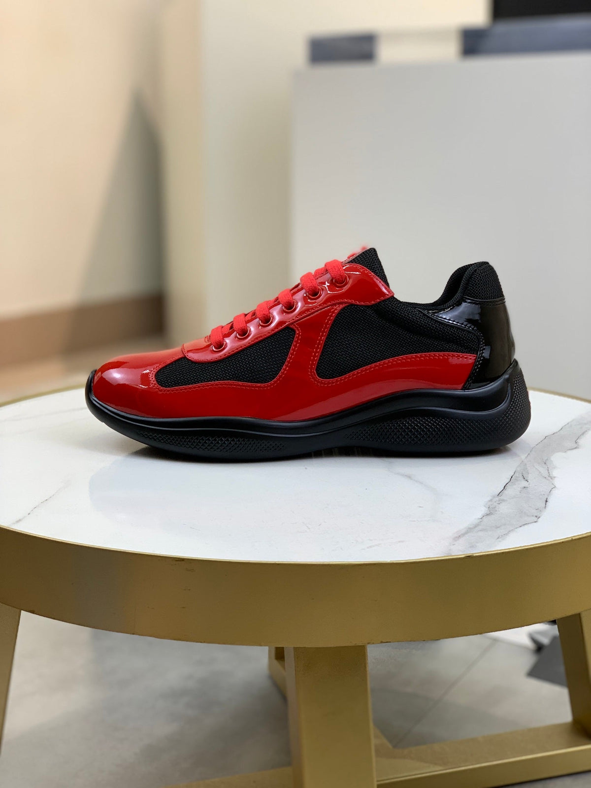 Prada America's Cup Low Top Sneakers  Leather Mesh Casual Walking Shoes Unisex black/red