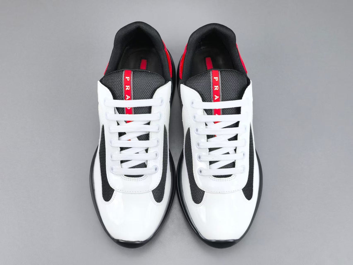 Prada America's Cup Low Top Sneakers  Leather Mesh Casual Walking Shoes Unisex black/white/red