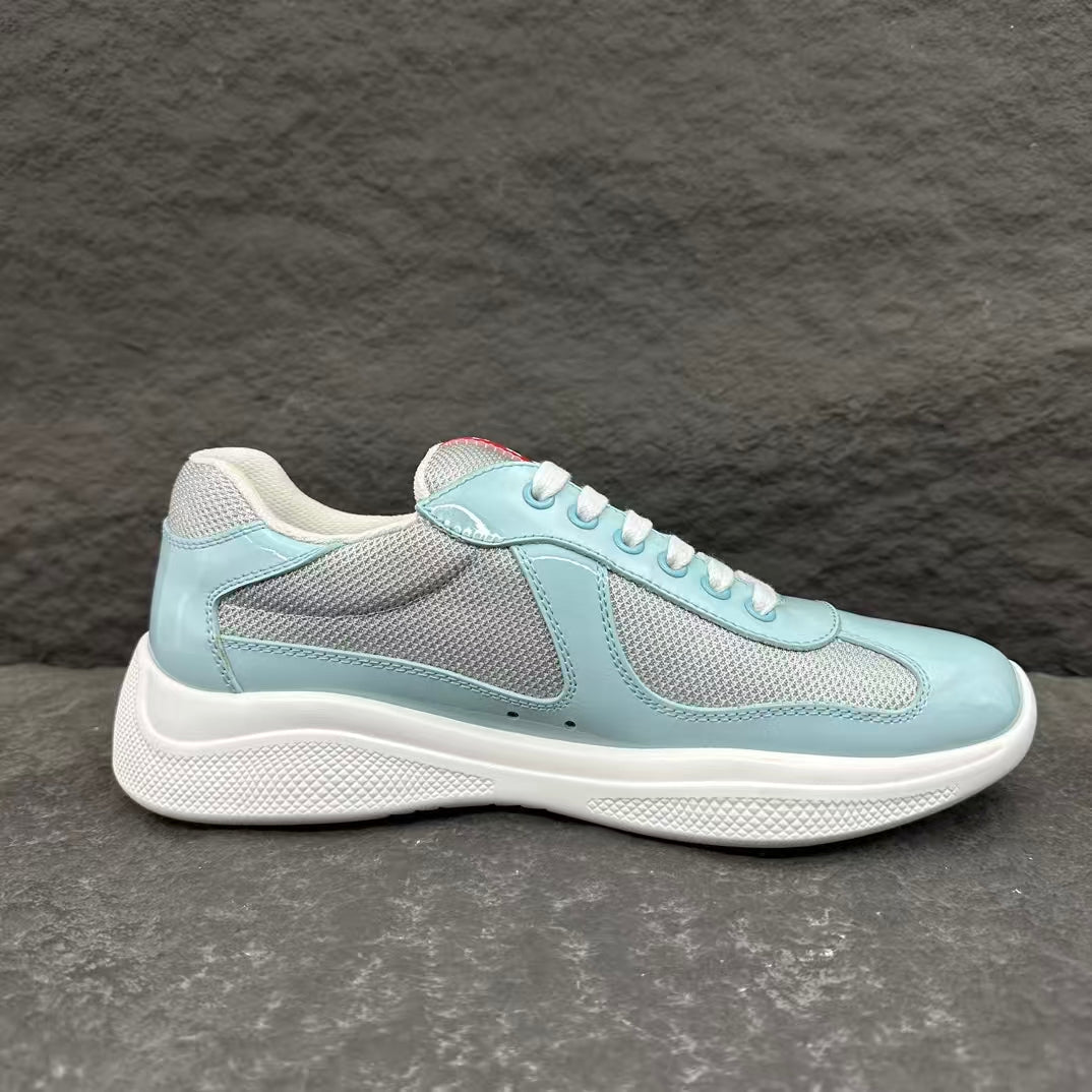 Prada America's Cup Low Top Sneakers  Leather Mesh Casual Walking Shoes Unisex Light Blue & Silver