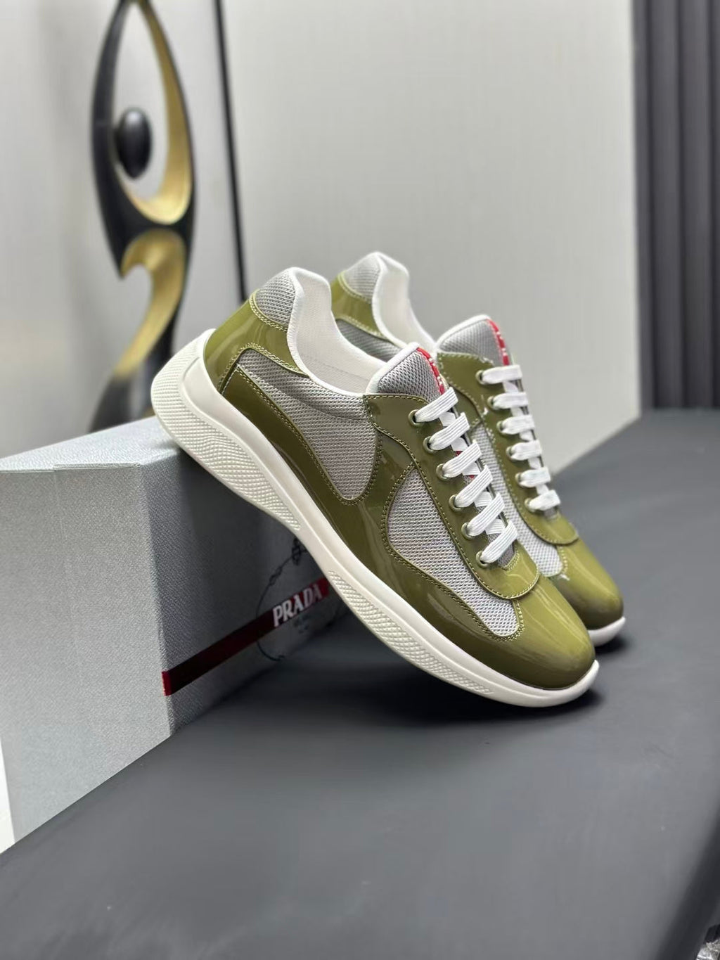 Prada America's Cup Low Top Sneakers  Leather Mesh Casual Walking Shoes Unisex green & Silver