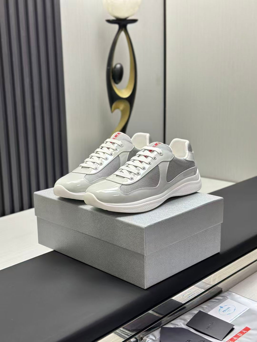 Prada America's Cup Low Top Sneakers  Leather Mesh Casual Walking Shoes Unisex Light Gray & Silver