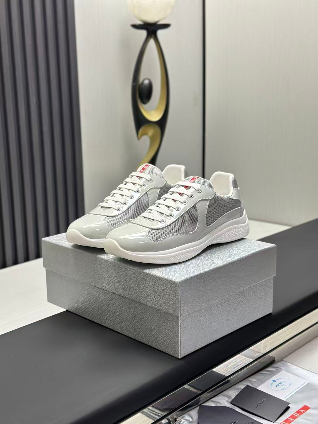 Prada America's Cup Low Top Sneakers  Leather Mesh Casual Walking Shoes Unisex Light Gray & Silver