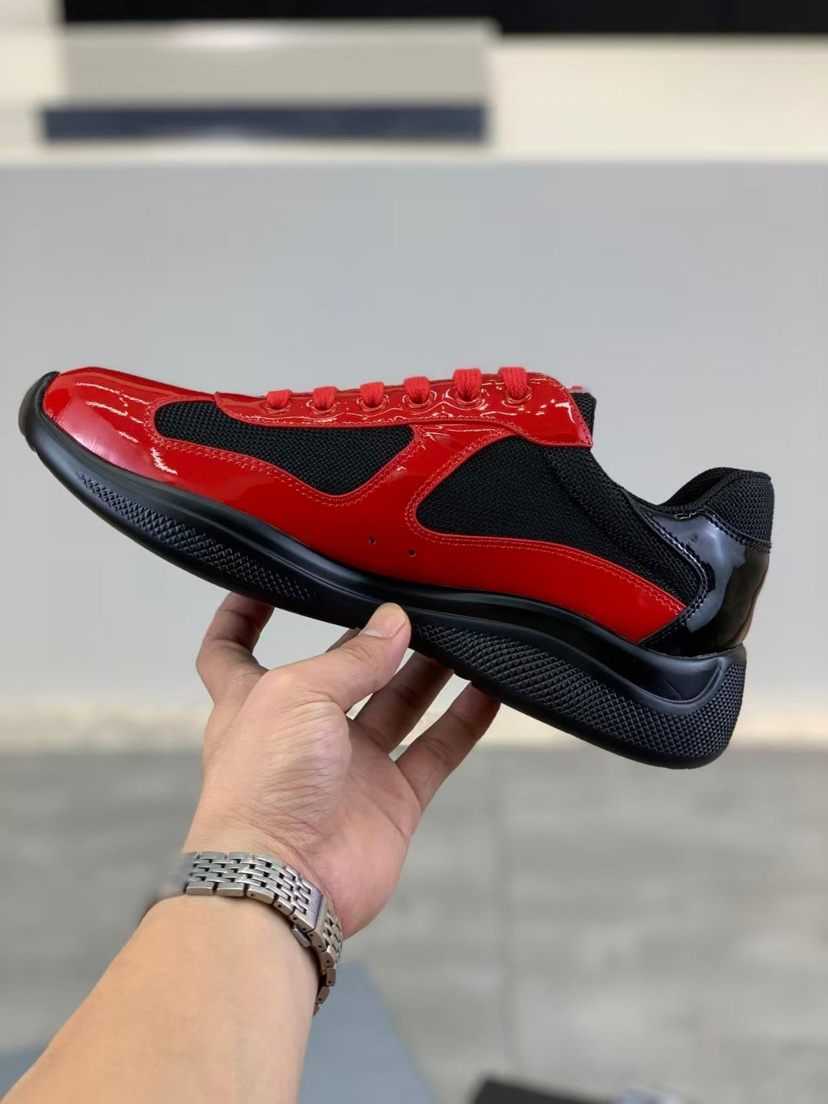 Prada America's Cup Low Top Sneakers  Leather Mesh Casual Walking Shoes Unisex black/red