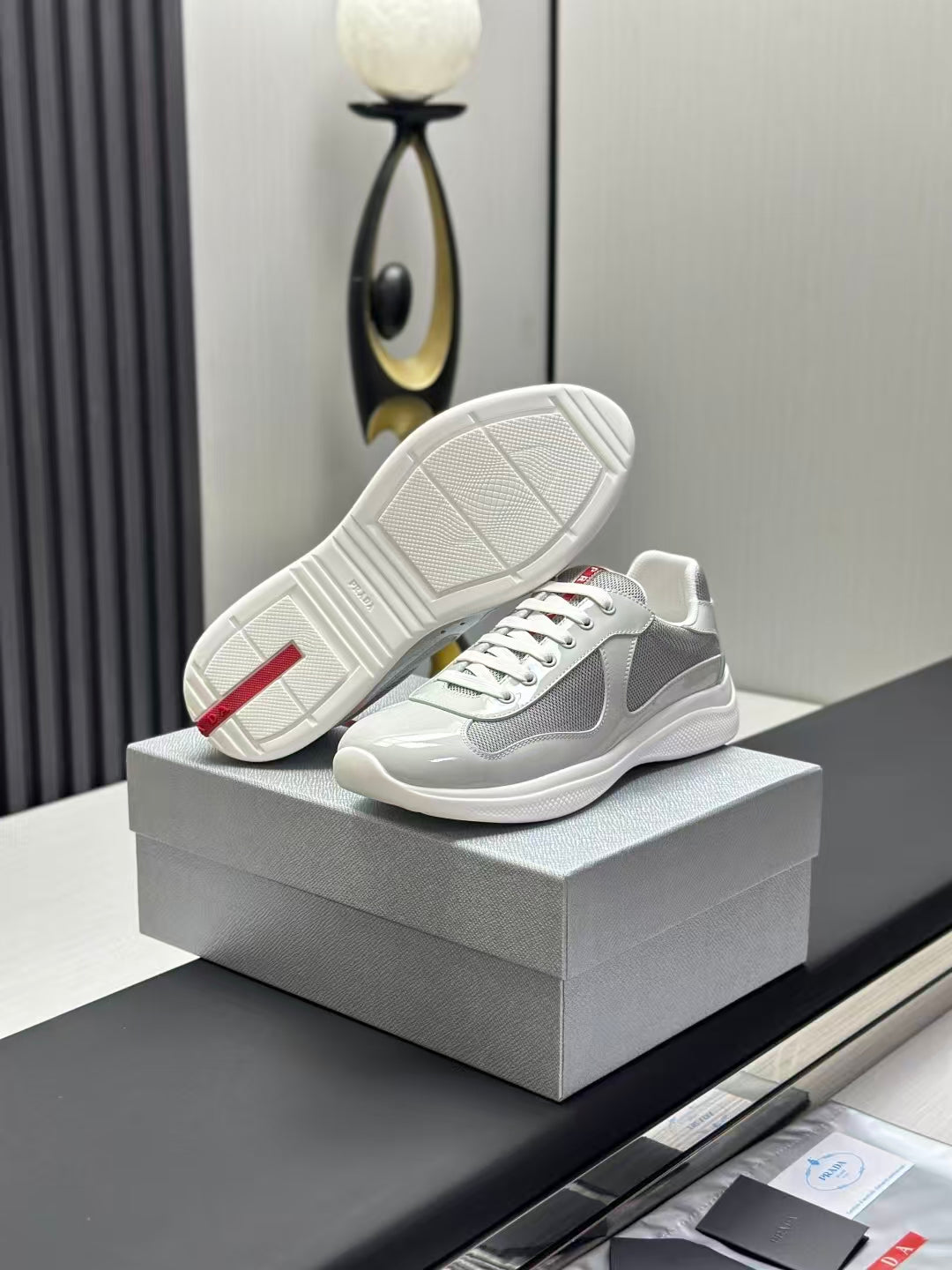 Prada America's Cup Low Top Sneakers  Leather Mesh Casual Walking Shoes Unisex Light Gray & Silver