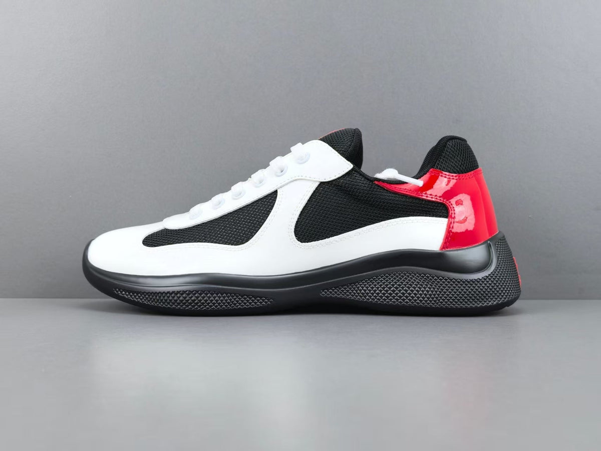 Prada America's Cup Low Top Sneakers  Leather Mesh Casual Walking Shoes Unisex black/white/red