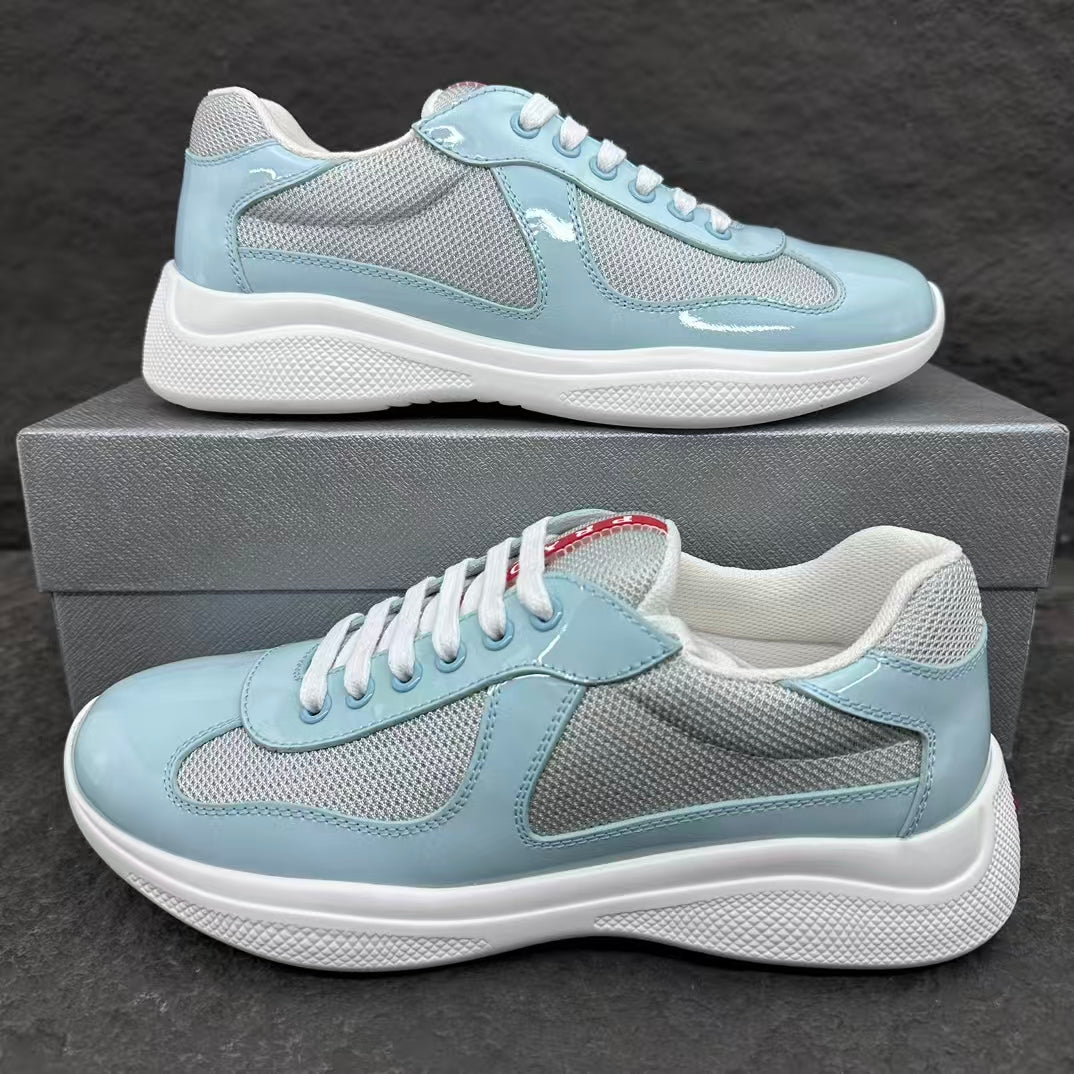 Prada America's Cup Low Top Sneakers  Leather Mesh Casual Walking Shoes Unisex Light Blue & Silver