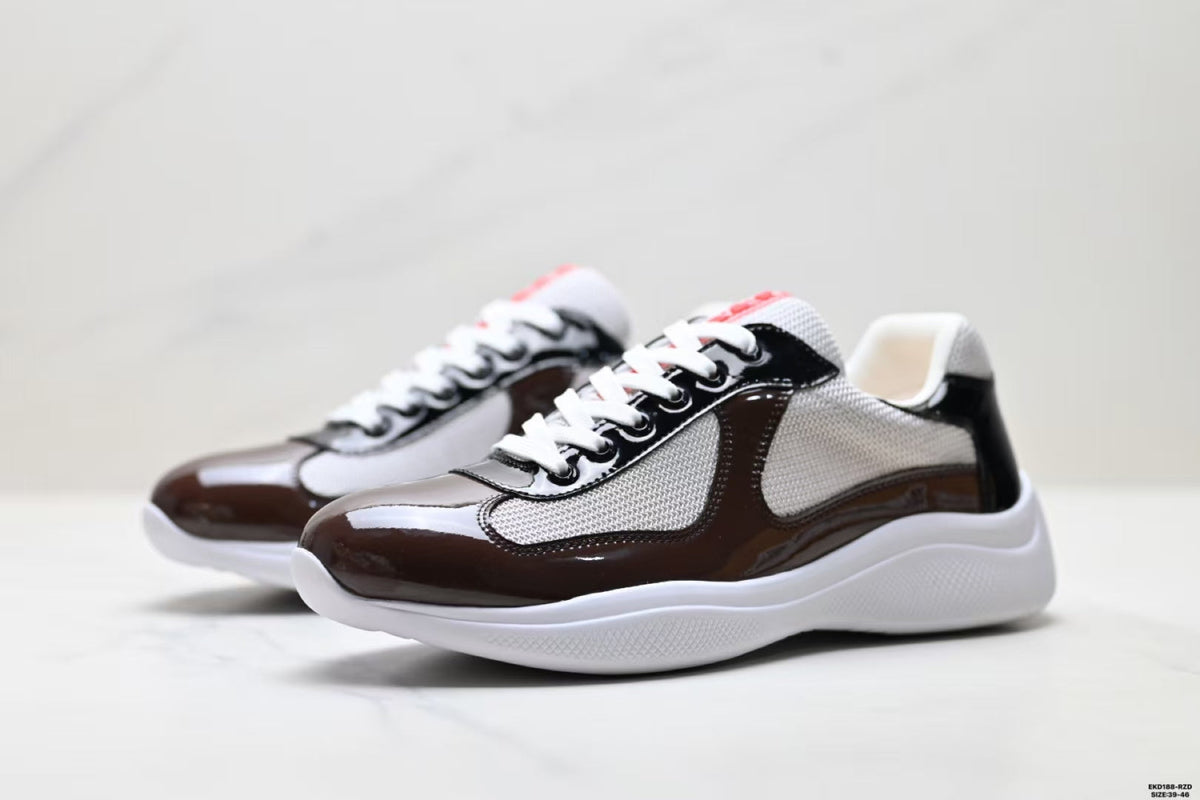 Prada America's Cup Low Top Sneakers  Leather Mesh Casual Walking Shoes Unisex Chocolate Brown & Black Silver