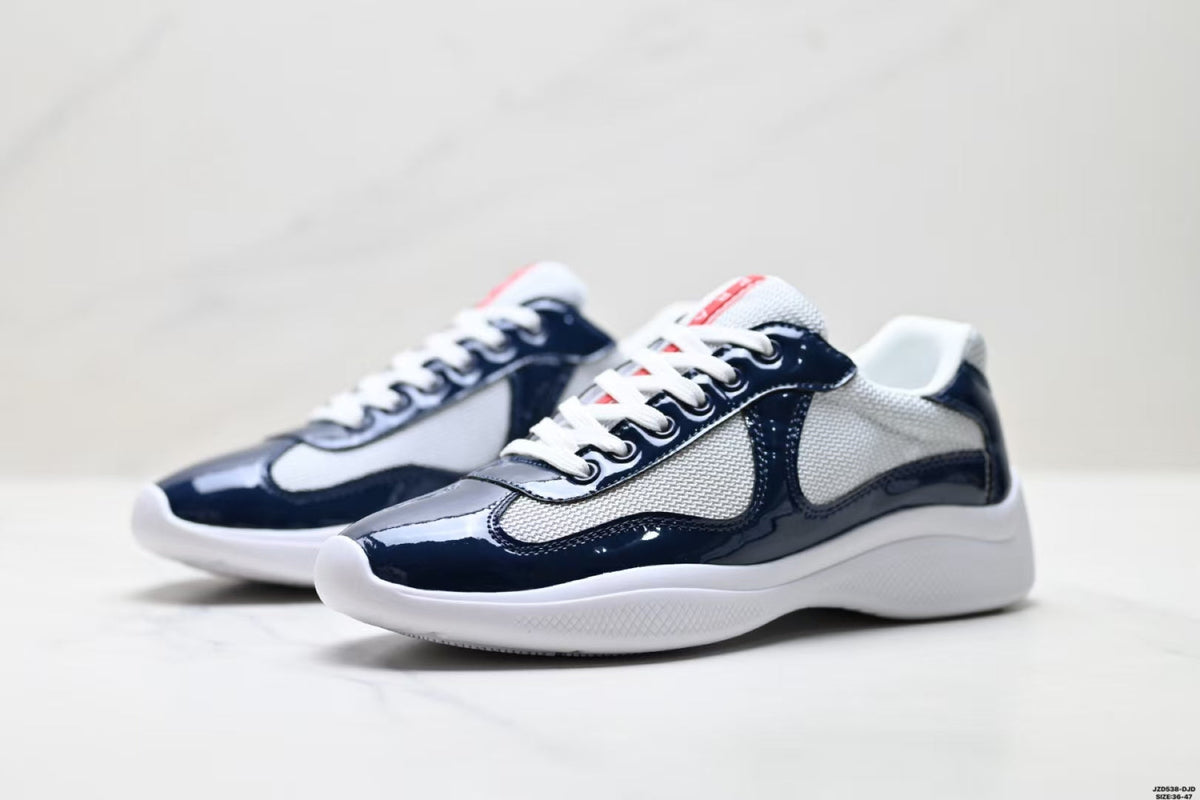 Prada America's Cup Low Top Sneakers  Leather Mesh Casual Walking Shoes Navy Blue & Silver