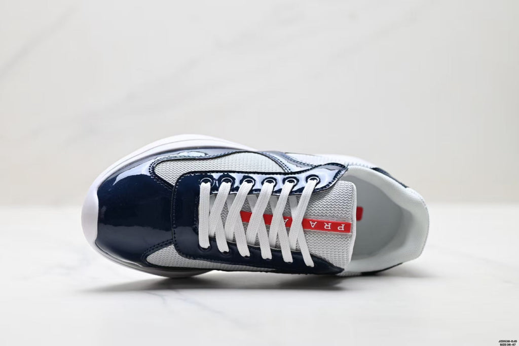 Prada America's Cup Low Top Sneakers  Leather Mesh Casual Walking Shoes Navy Blue & Silver