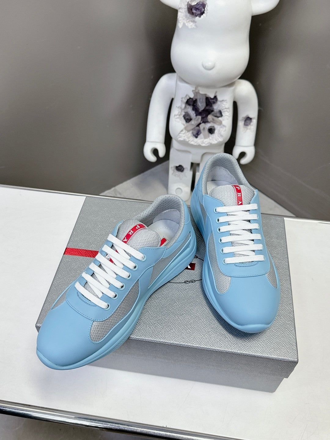 Prada  America's Cup Low Top Sneakers  Leather Mesh Casual Walking Shoes Unisex Sky Blue & Silver